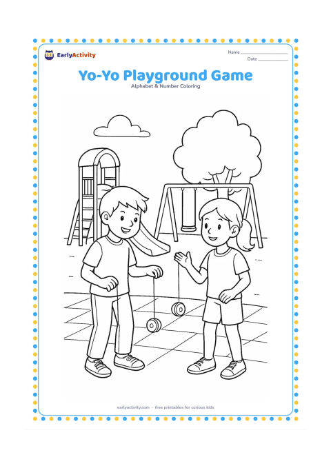 Colouring page: Draw two children taking turns with yo-yos in a neighbourhood playground, with a slide, swings, a tree, and a patterned paved surface behind them.