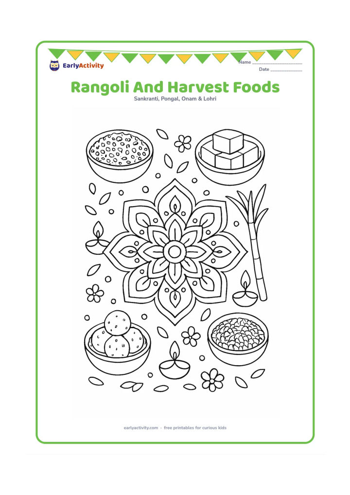 Colouring page: A detailed floor arrangement combines a central geometric rangoli with surrounding bowls of sesame, jaggery, rice, laddoos, and sugarcane, plus small diyas and flower petals.