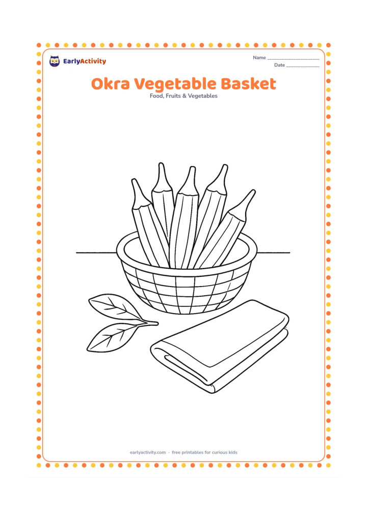 Colouring page: Show several okra pods arranged in a small woven basket beside two curry leaves and a simple kitchen cloth. Keep the setting recognizable as an everyday home kitchen.