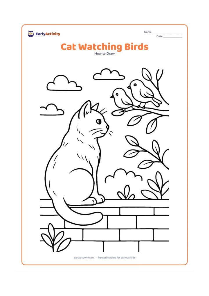 Worksheet: Draw a detailed cat sitting on a garden wall and looking toward two small birds perched on a nearby branch. Include the cat's rounded haunches, tucked paws, curved tail, fur direction,…