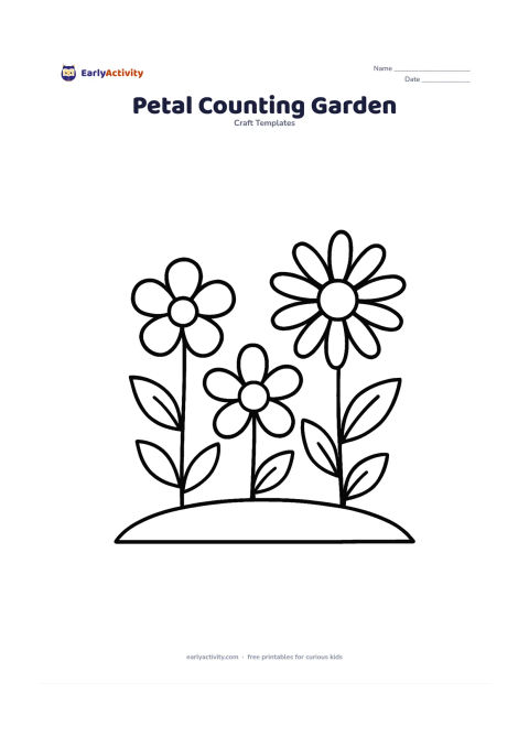 Worksheet: A simple garden scene containing three large flowers with visibly different petal counts: a five-petal flower, a six-petal flower and an eight-petal daisy. Add stems, leaves and a curved…