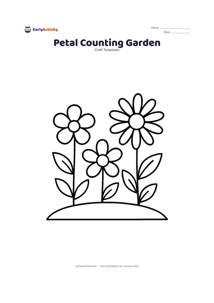 Worksheet: A simple garden scene containing three large flowers with visibly different petal counts: a five-petal flower, a six-petal flower and an eight-petal daisy. Add stems, leaves and a curved…