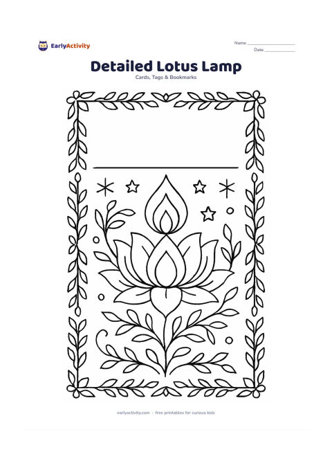 Worksheet: Draw a layered lotus with a glowing diya at its centre, surrounded by curling leaves, small stars and a balanced ornamental border. Reserve a wide blank panel along the top edge for a…