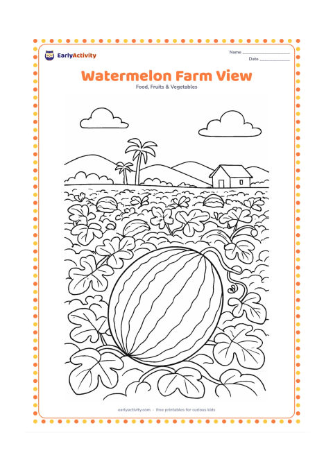 Colouring page: Draw a broad watermelon field with vines spreading toward a distant Indian farm hut, a few palm trees and low hills. Place one large watermelon in the foreground for detailed colouring.