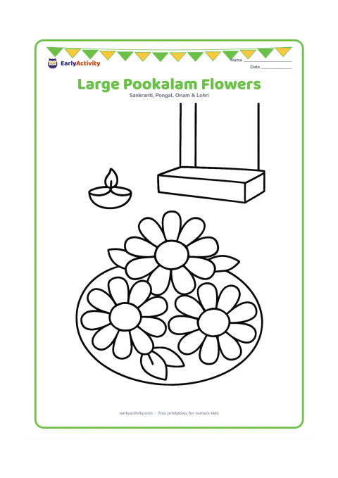 Colouring page: Draw three large flowers arranged in a simple round pookalam on the ground, with broad petals and a few leaves. Add a plain doorstep and one small clay lamp beside it, leaving generous…