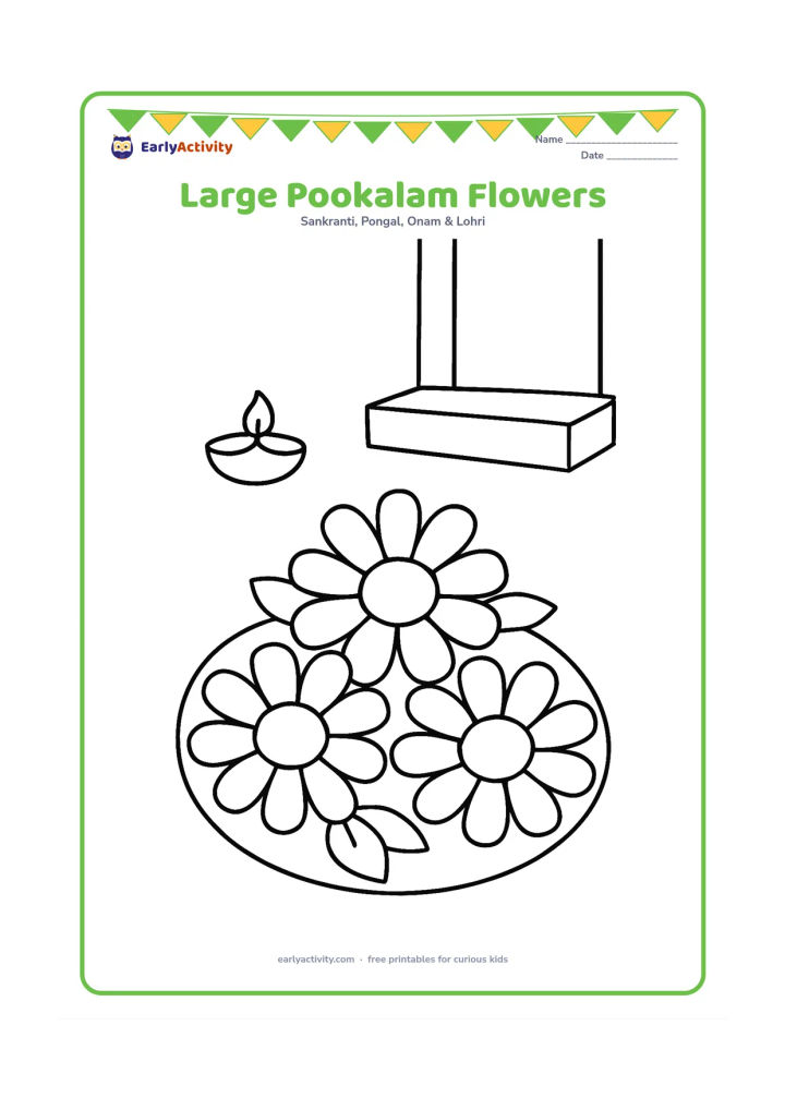 Colouring page: Draw three large flowers arranged in a simple round pookalam on the ground, with broad petals and a few leaves. Add a plain doorstep and one small clay lamp beside it, leaving generous…