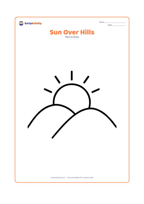 Worksheet: Place a large round sun rising behind two low, rounded hills, with a few short rays above the hills. Leave broad areas of sky and ground for colouring.