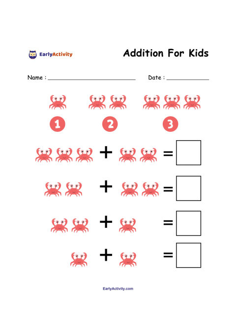 Worksheet showing crab pictures in simple addition equations, with blank boxes for writing the answers.