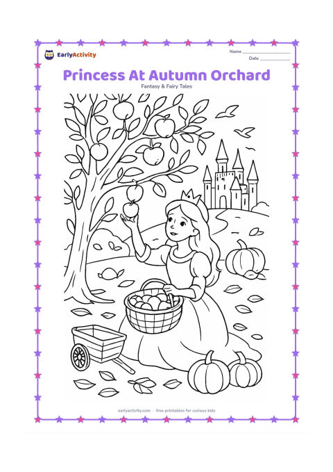 Colouring page: Draw a princess gathering apples into a basket beneath an orchard tree. Include fallen leaves, a small wooden cart, pumpkins, distant palace towers, and birds crossing the sky.