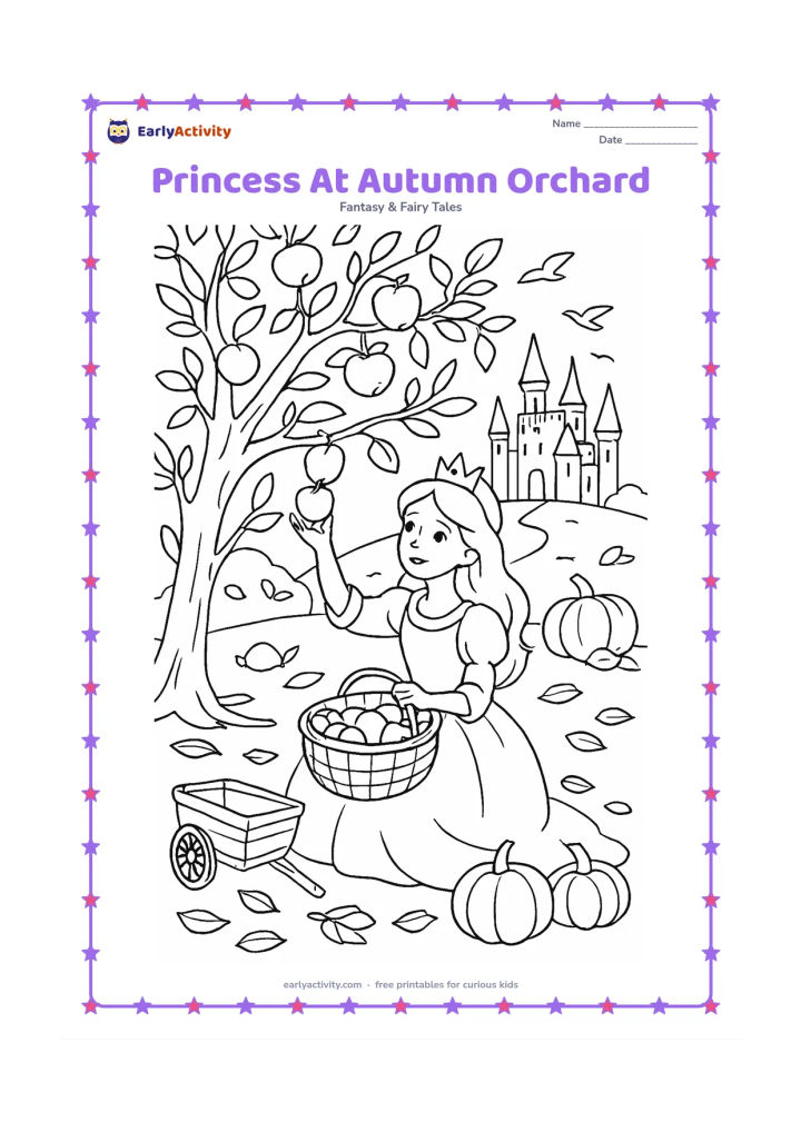 Colouring page: Draw a princess gathering apples into a basket beneath an orchard tree. Include fallen leaves, a small wooden cart, pumpkins, distant palace towers, and birds crossing the sky.