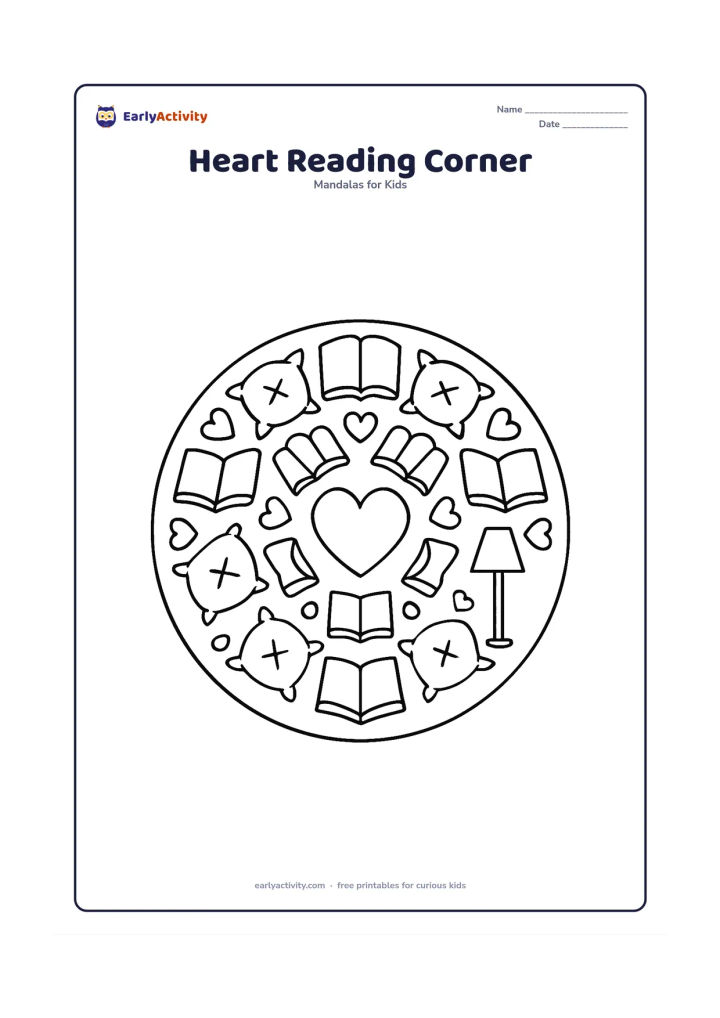Colouring page: Draw a circular mandala with a central heart and repeated open-book, cushion, and tiny heart motifs arranged in rings, suggesting a cosy reading corner. Include a simple floor lamp…
