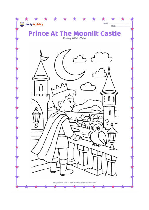 Colouring page: A prince stands on a castle terrace beneath a large crescent moon, looking over rooftops and a quiet river. Include tall towers, clouds, lanterns, and a friendly owl perched on the railing.