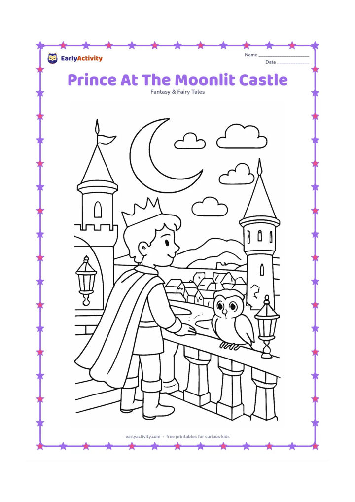 Colouring page: A prince stands on a castle terrace beneath a large crescent moon, looking over rooftops and a quiet river. Include tall towers, clouds, lanterns, and a friendly owl perched on the railing.