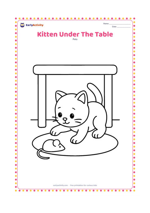 Colouring page: A curious kitten crouches under a small table and reaches toward a simple toy mouse. Show two table legs, a plain rug and an open background.
