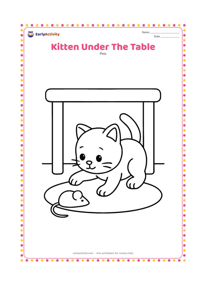 Colouring page: A curious kitten crouches under a small table and reaches toward a simple toy mouse. Show two table legs, a plain rug and an open background.