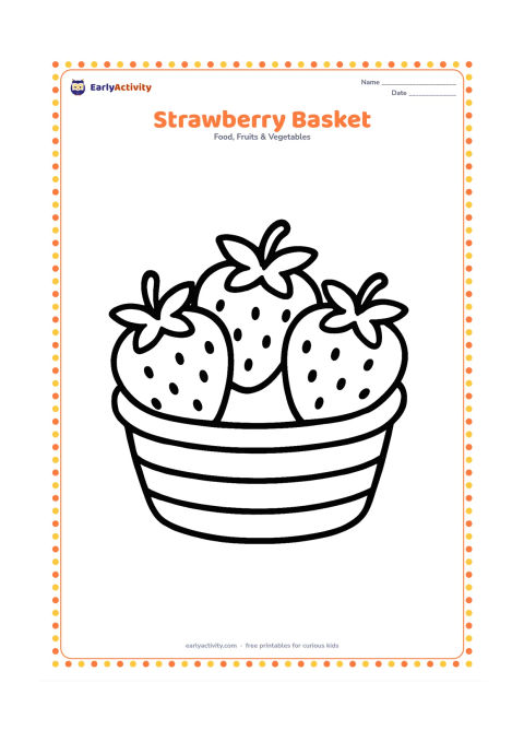 Colouring page: Draw a low basket holding three large strawberries, each with a simple leafy top. Add a few broad basket slats and keep the background empty.