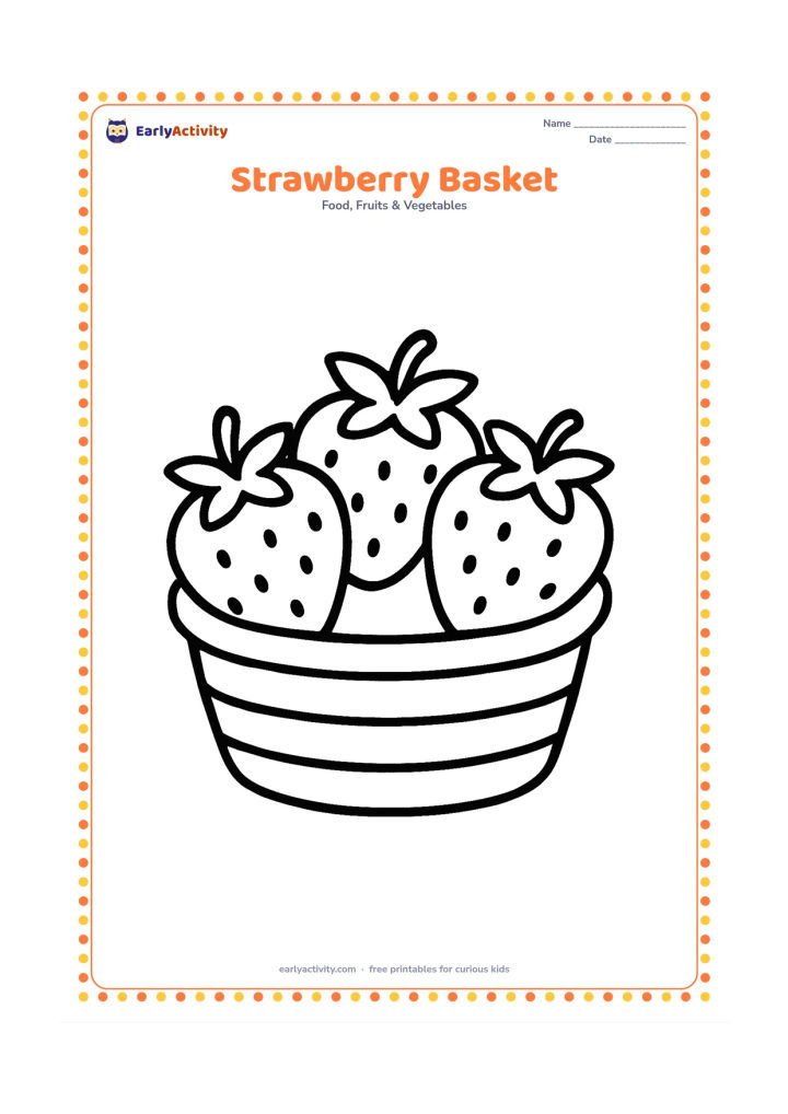 Colouring page: Draw a low basket holding three large strawberries, each with a simple leafy top. Add a few broad basket slats and keep the background empty.