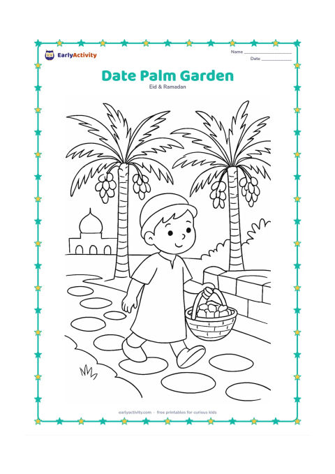 Colouring page: Draw a child walking through a small date-palm garden carrying a basket, with ripe dates on the palms and a distant mosque dome. Add stepping stones and a low wall.