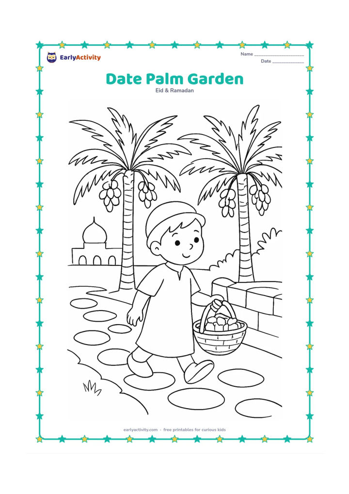 Colouring page: Draw a child walking through a small date-palm garden carrying a basket, with ripe dates on the palms and a distant mosque dome. Add stepping stones and a low wall.