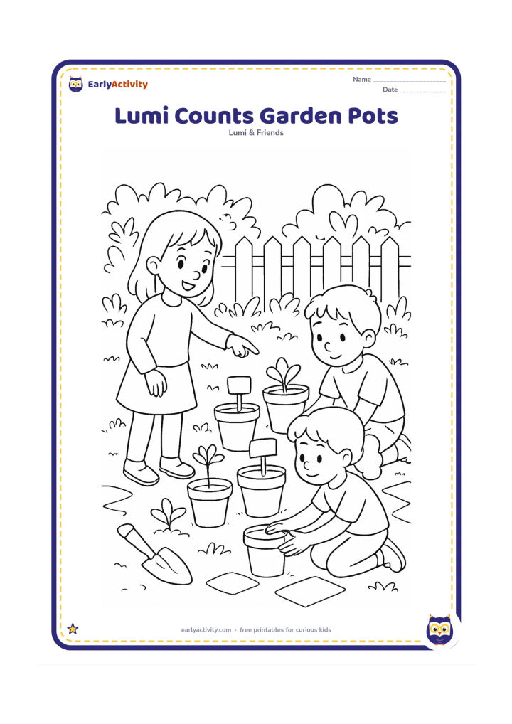Colouring page: In a school garden, Lumi points toward a row of different-sized plant pots while two classmates arrange them from small to large. Include leafy plants, a hand shovel, a low fence and…