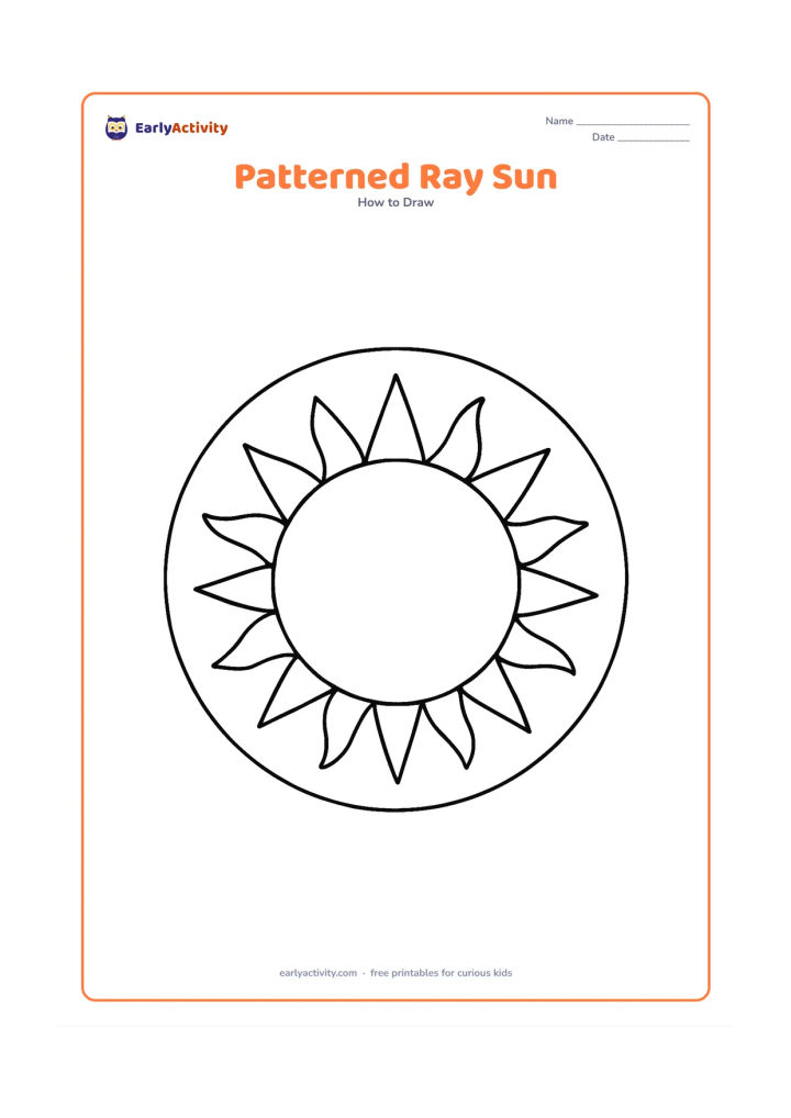 Worksheet: Place a large round sun in the centre with alternating triangular and wavy rays. Add a simple circular border around the sun and leave each ray as a separate colouring space.