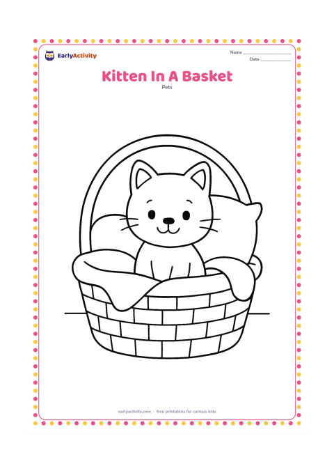 Colouring page: A smiling kitten sits in a wide woven basket with a soft blanket and one large cushion. Show only a simple floor and a curved basket handle.