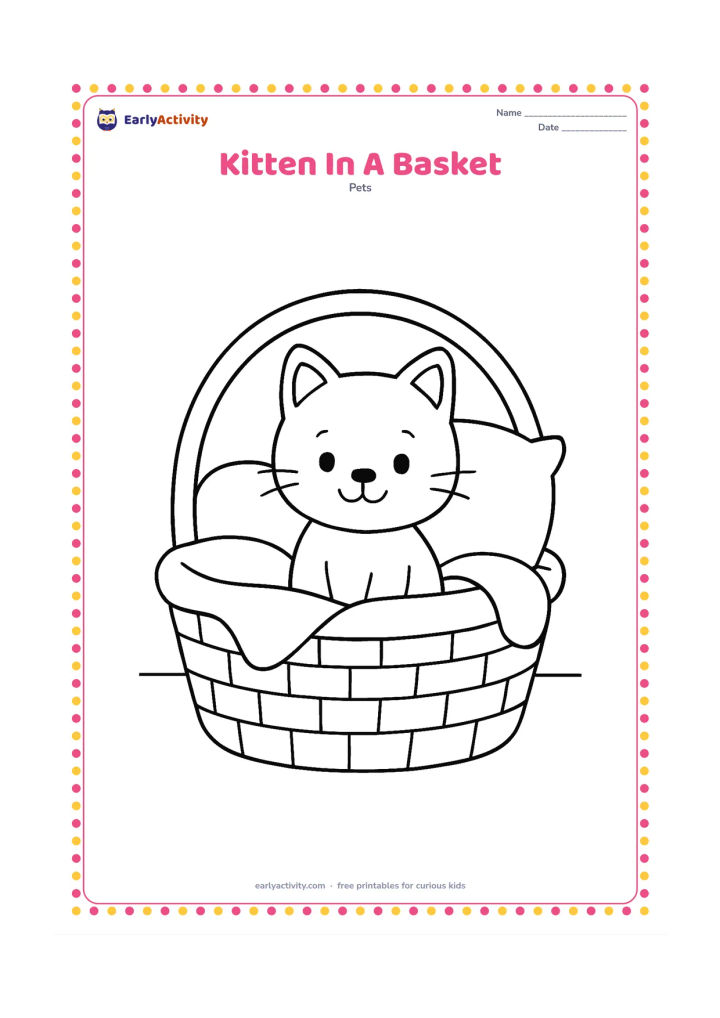 Colouring page: A smiling kitten sits in a wide woven basket with a soft blanket and one large cushion. Show only a simple floor and a curved basket handle.