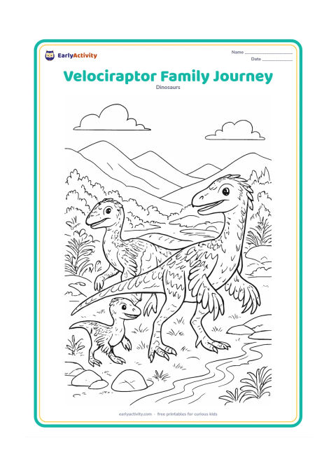 Colouring page: Three feathered velociraptors of different sizes travel across a broad valley, with one adult leading, another adult behind, and a hatchling between them. Add layered mountains, fern…