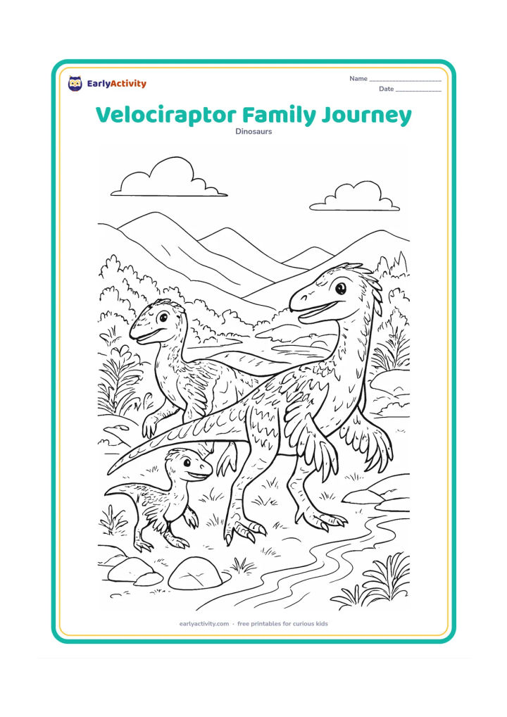 Colouring page: Three feathered velociraptors of different sizes travel across a broad valley, with one adult leading, another adult behind, and a hatchling between them. Add layered mountains, fern…