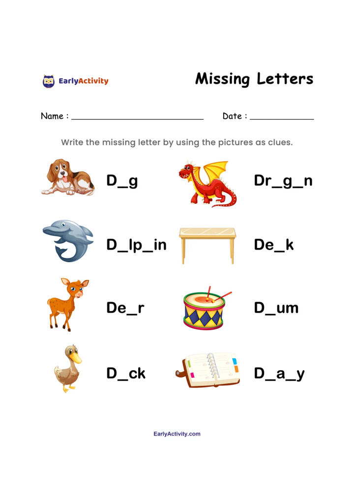 Worksheet with eight picture clues for D words, including a dog, dragon, dolphin, desk, deer, drum, duck and diary.