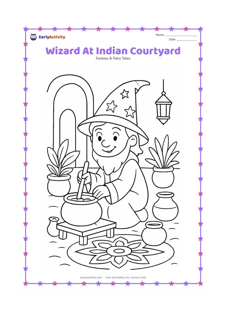 Colouring page: A friendly wizard prepares a pretend potion in a sunny Indian courtyard with a low table, clay pots, leafy plants and a simple rangoli pattern made from large geometric shapes. Include…