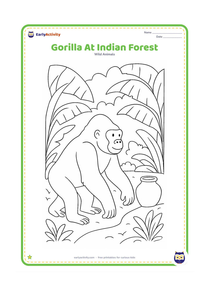 Colouring page: A gorilla walks along a forest path beside broad tropical plants, banana leaves and a simple Indian-style water pot resting near the path. Keep the setting natural and peaceful.