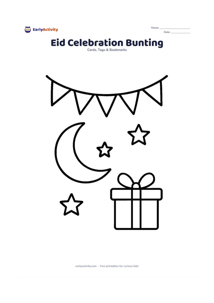 Worksheet: A curved string of large triangular bunting hangs above a crescent moon, three stars, and a gift box. Leave the centre of the card open for a child's own greeting.