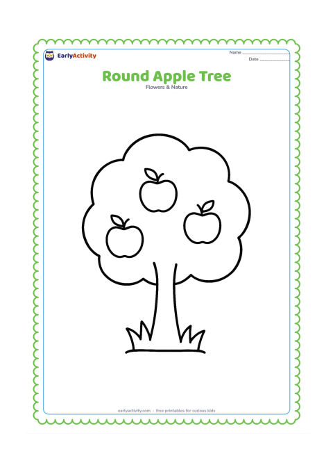 Colouring page: Draw one friendly apple tree with a broad round leafy crown, thick trunk, three large apples, and a simple patch of grass. Keep the composition open with very few details.