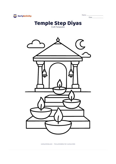 Worksheet: A row of glowing-outline diyas rests on steps leading toward a simple Indian temple entrance, with pillars, bells, and a calm evening sky.