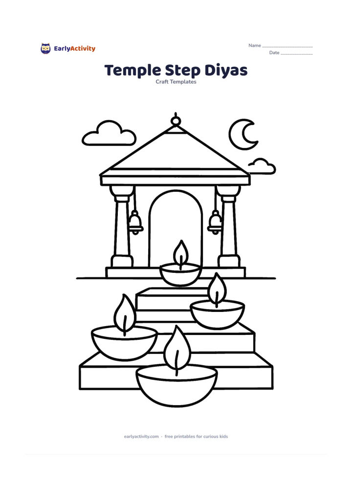 Worksheet: A row of glowing-outline diyas rests on steps leading toward a simple Indian temple entrance, with pillars, bells, and a calm evening sky.