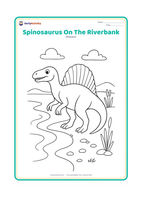 Colouring page: A full-body Spinosaurus pauses on a riverbank with one foot near the water. Add a curving shoreline, several reeds, small stones and distant low hills.