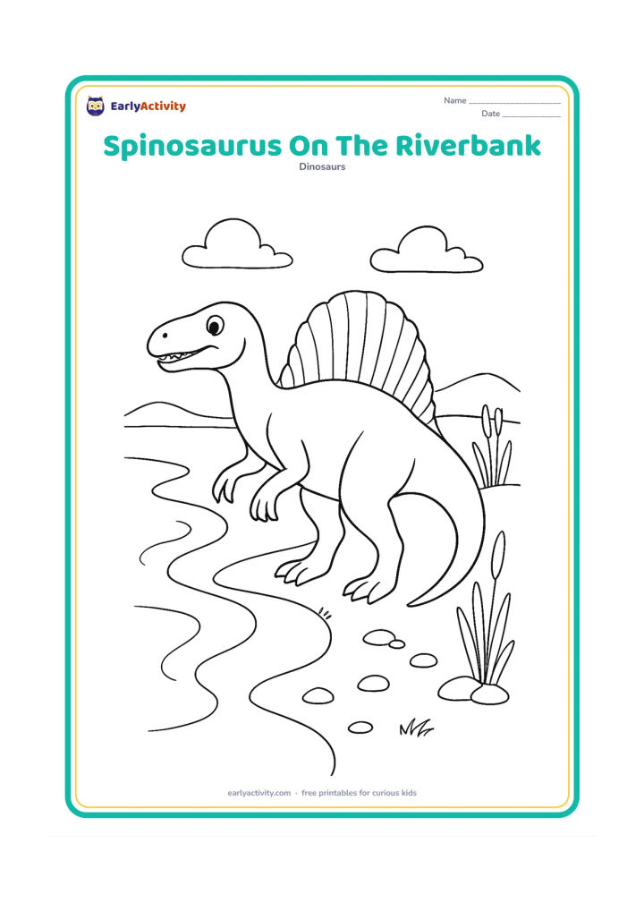 Colouring page: A full-body Spinosaurus pauses on a riverbank with one foot near the water. Add a curving shoreline, several reeds, small stones and distant low hills.