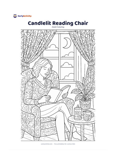 Colouring page: A person relaxing in a cushioned reading chair beside a small table with a covered candle, a mug and a leafy houseplant. Show a soft evening window view with moonlight, curtains and…
