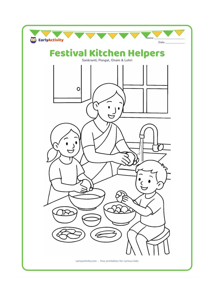 Colouring page: An adult and two children prepare fruit and ingredients for Ugadi pachadi in a bright kitchen, with bowls, a low stool and a window in the background.