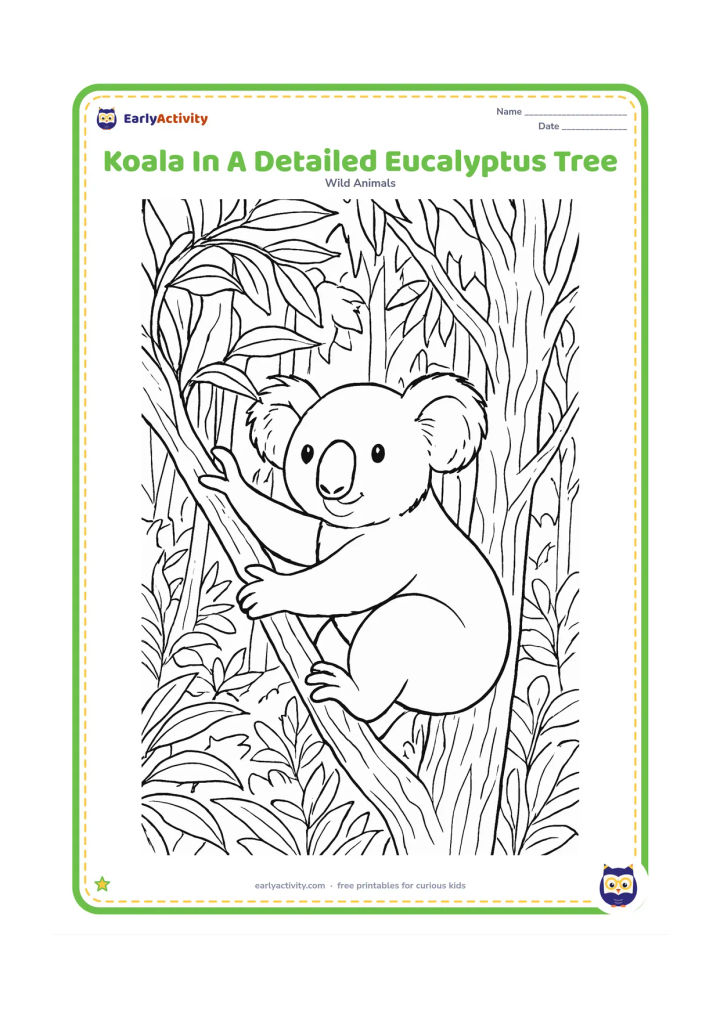 Colouring page: Draw a koala gripping a twisting eucalyptus trunk while reaching toward a cluster of leaves. Fill the scene with layered branches, varied leaf shapes, bark grooves and distant forest trunks.