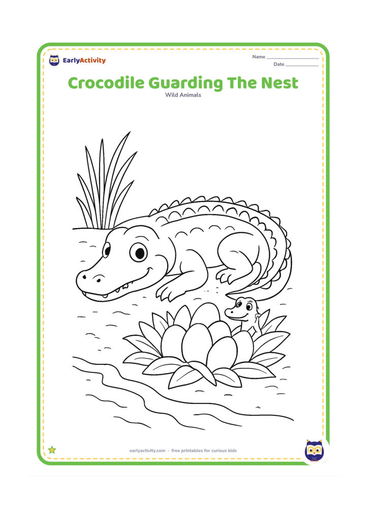 Colouring page: Draw a mother crocodile lying protectively beside a leafy nest with several eggs, while a small baby crocodile peeks from behind the nest. Place the scene on a textured riverbank with reeds.