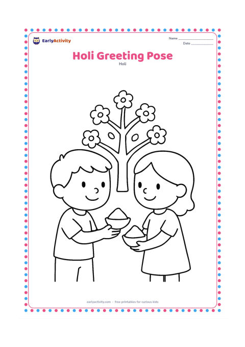 Colouring page: Two children face each other and hold small bowls of gulal out in a friendly greeting. Add a simple spring tree with round blossoms behind them.