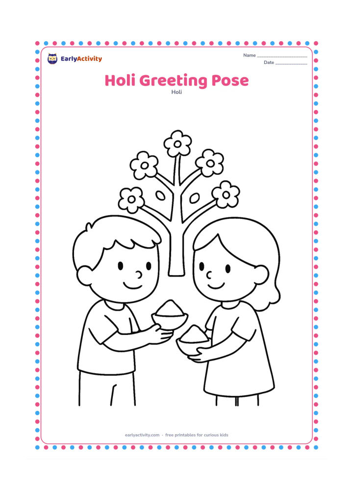 Colouring page: Two children face each other and hold small bowls of gulal out in a friendly greeting. Add a simple spring tree with round blossoms behind them.