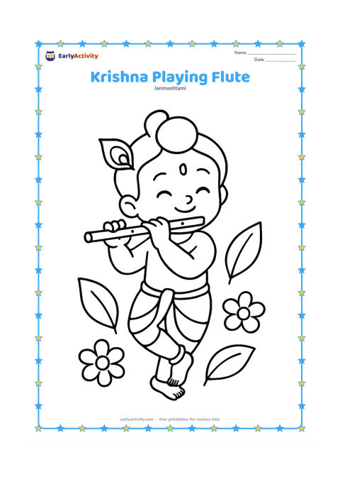 Colouring page: Draw child Krishna standing and playing a short flute, with one foot slightly raised and a few large leaves and flowers around him. Keep the pose clear and cheerful.