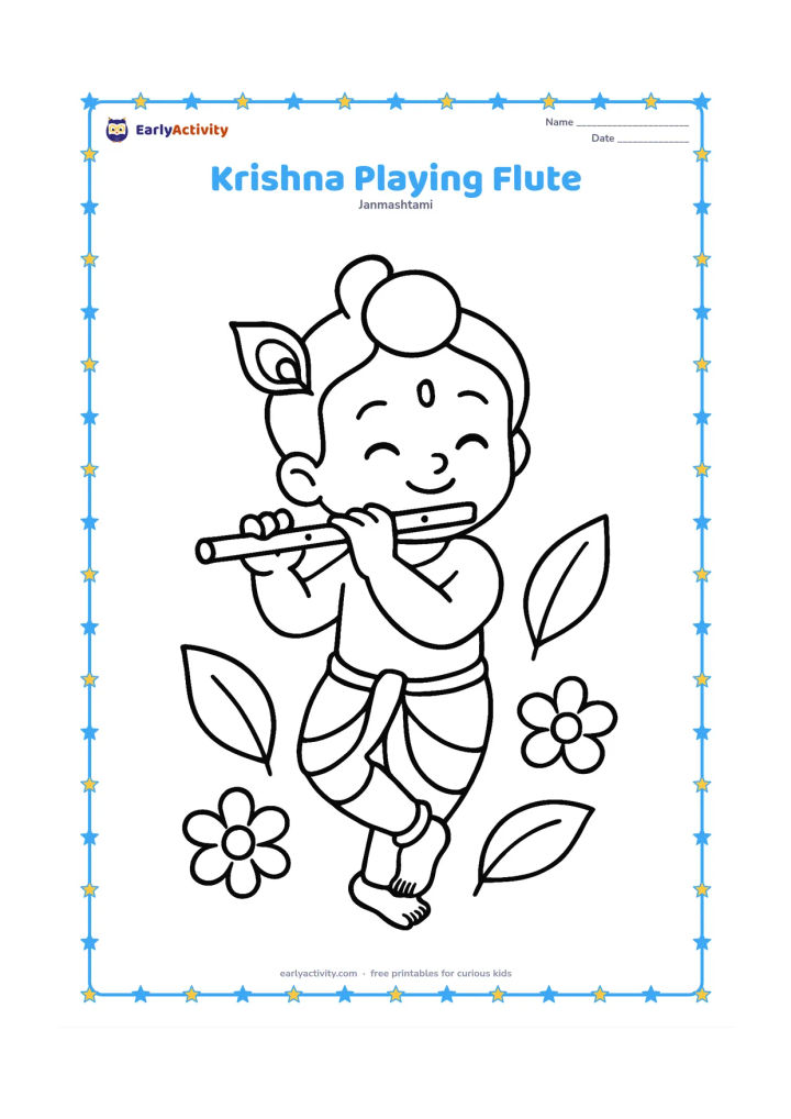 Colouring page: Draw child Krishna standing and playing a short flute, with one foot slightly raised and a few large leaves and flowers around him. Keep the pose clear and cheerful.