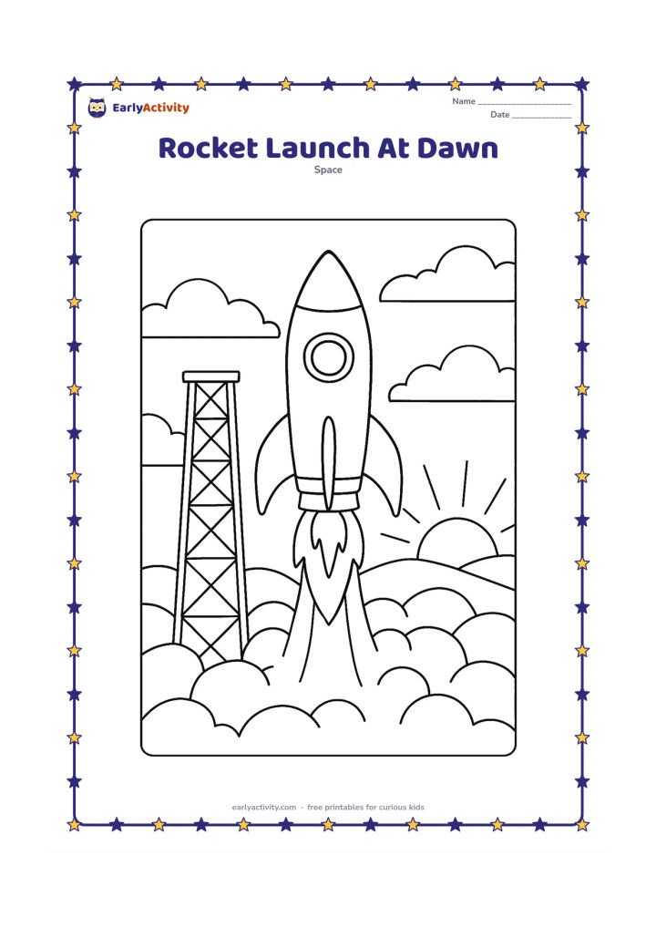 Colouring page: Draw a rocket rising from a launch tower at dawn, with layered clouds, a low sun and a few distant hills. Include clear engine flames and a small observation platform without any signs…
