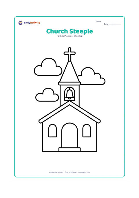 Colouring page: A friendly little church with a tall pointed steeple, one large bell opening, a cross at the top, two simple windows, and a few rounded clouds behind it.