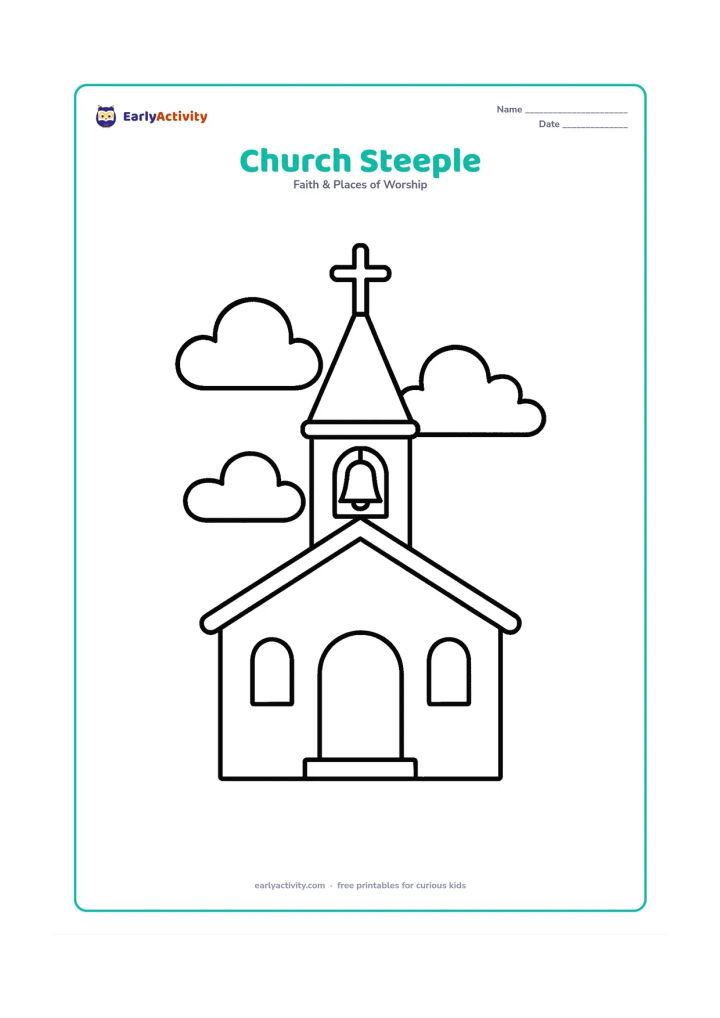 Colouring page: A friendly little church with a tall pointed steeple, one large bell opening, a cross at the top, two simple windows, and a few rounded clouds behind it.