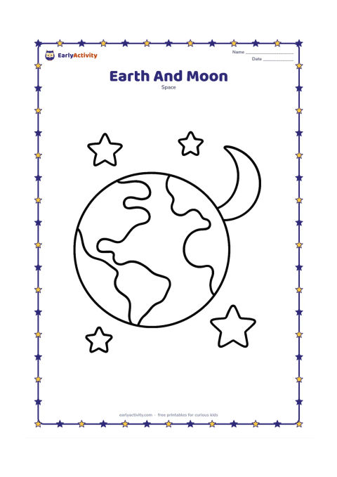 Colouring page: A large Earth with one simple crescent Moon beside it, surrounded by a few big stars. Show one broad ocean, two or three large continents and a clear empty background.